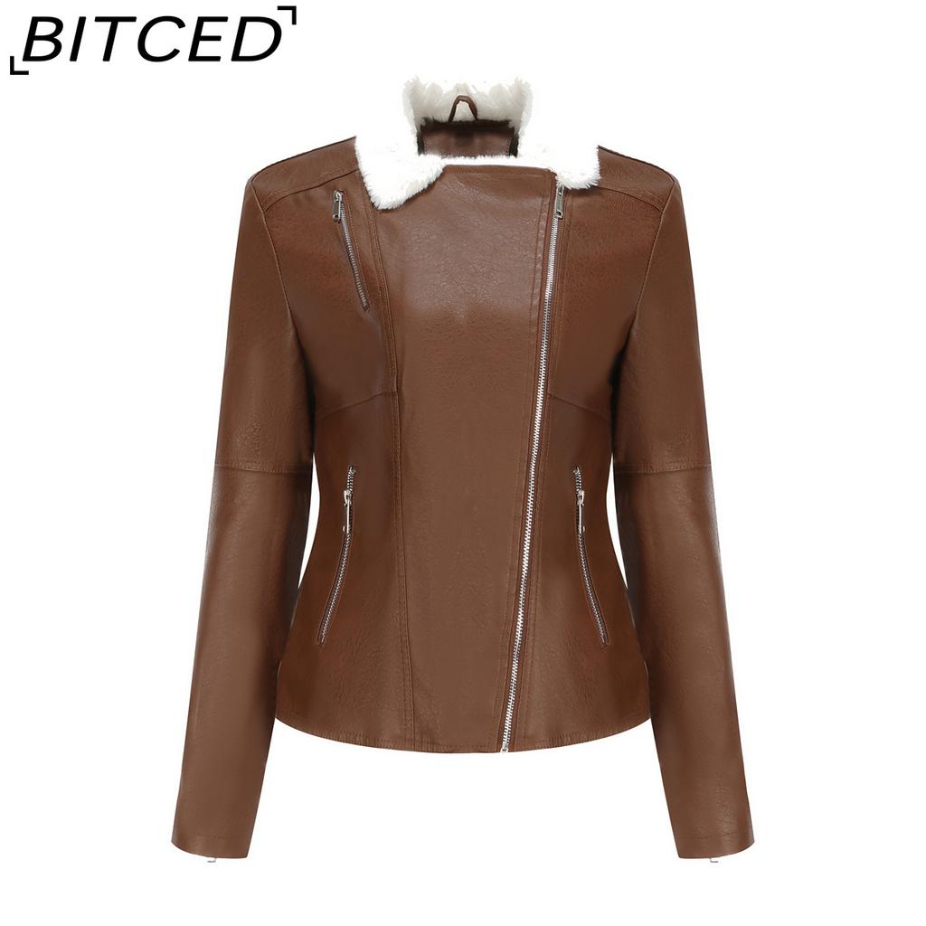 BITCED Autumn/Winter Faux Fur-Lined Leather Jacket for Women with Fleece Lining, Long Sleeves, Warm Coat, Casual Style