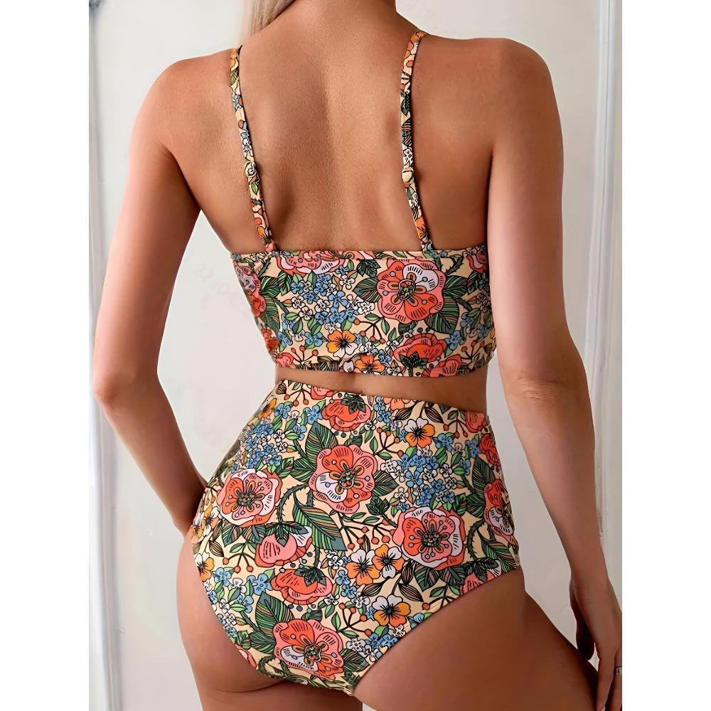 [High Stretch Floral Print Bikini] Elegant Floral Print Bikini Set for Women Swimwear