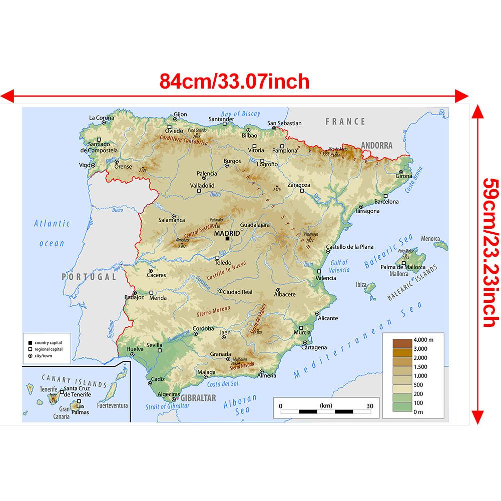 English Map Background Cloth-Spain Map-Terrain Decor Picture for Travel,Educational Tool,Photo Shoot Background