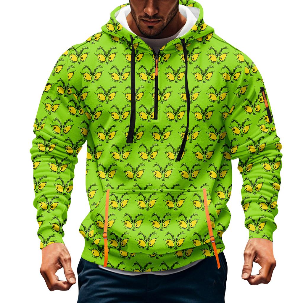 Men's Christmas Print Hooded Half-Zip Casual Sports Sweatshirt