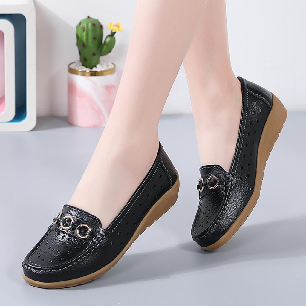 Womens Walking Flat Loafer Slip On Leather Loafer Comfortable Flat Shoes Outdoor Driving Hollow Out Flat Shoes for Women Leather