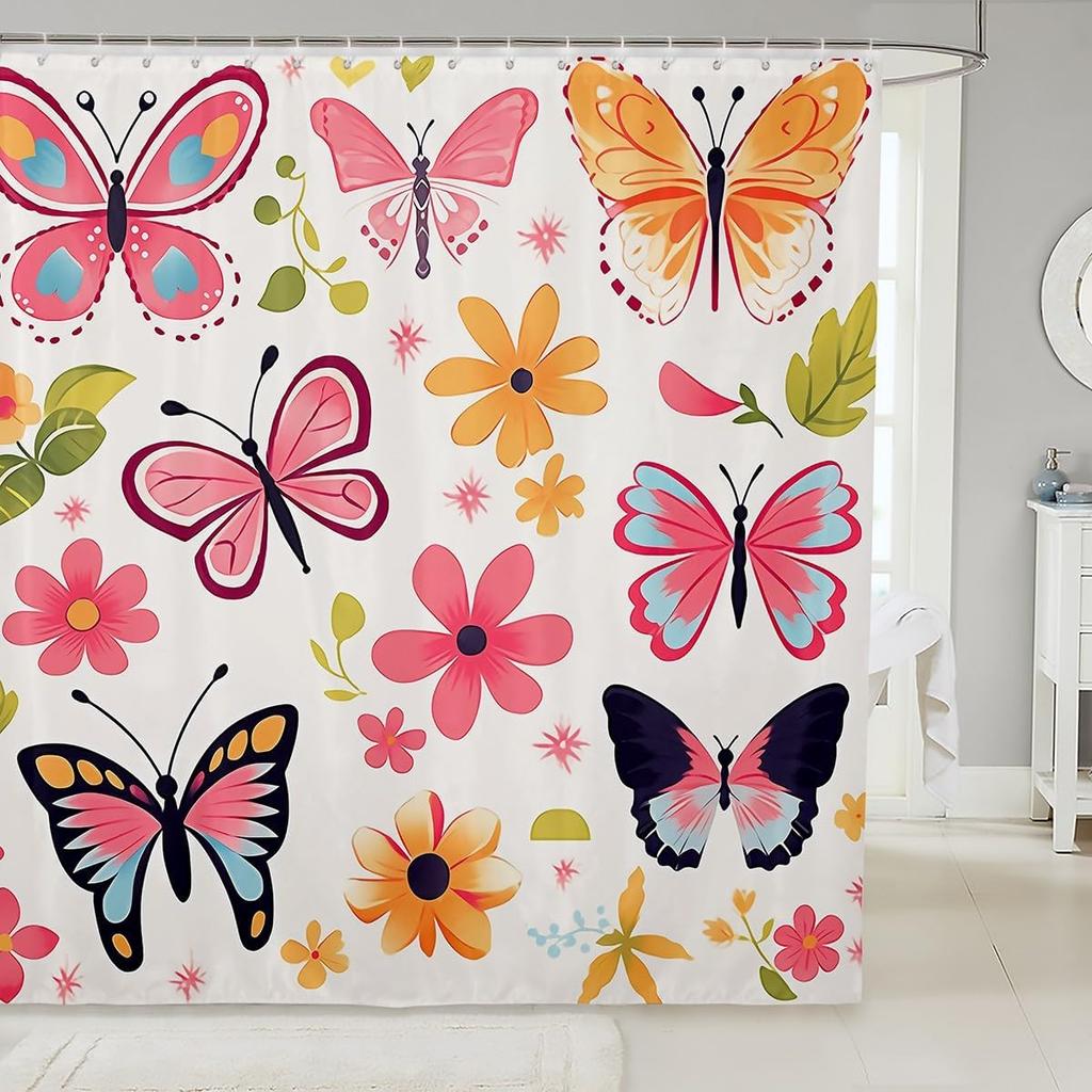 Cartoon Sheep Bath Curtain Cute Farm Animal Shower for Kids Boys Girls,Pink White Flower Floral Bathroom Curtain Botanical