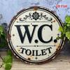 Vintage WC Toilet Sign. Round Aluminum Plaque with Floral Design for Farmhouse or Cafe.