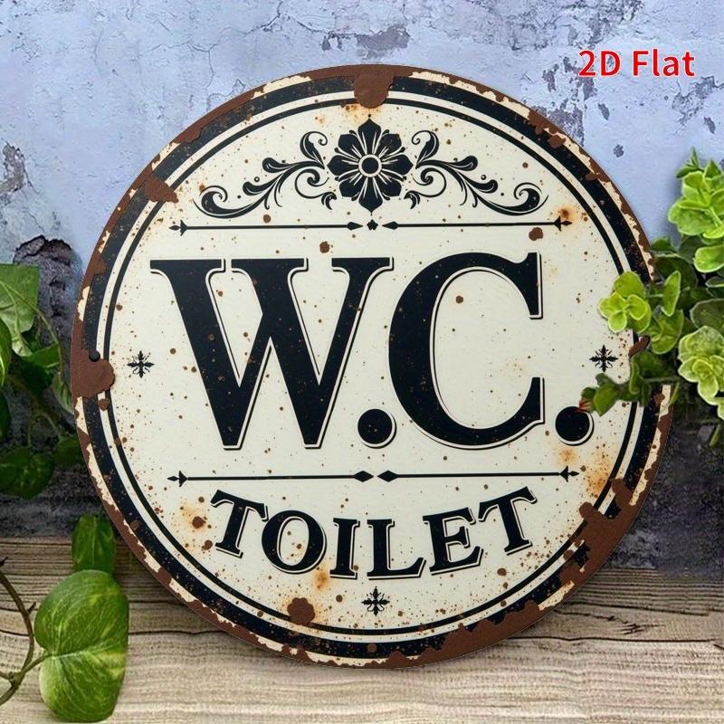 Vintage WC Toilet Sign. Round Aluminum Plaque with Floral Design for Farmhouse or Cafe.