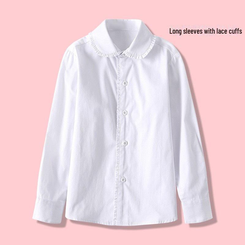 Girls' White Cotton Long-Sleeve School Shirt - Spring/Autumn Style for Primary and Secondary Students