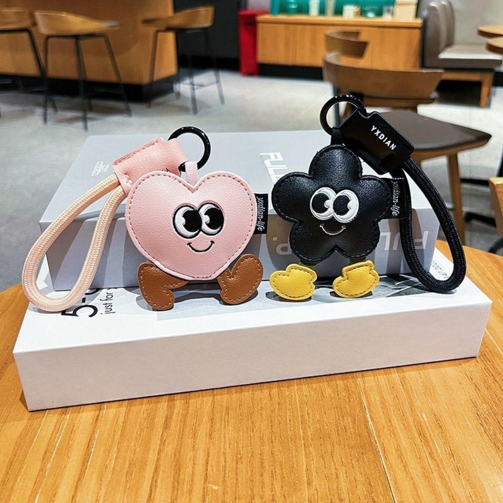 Big Eyes Leather Flower Pendant Cute Heart Pendant Keychain Kawaii Cartoon Keychain  Gift