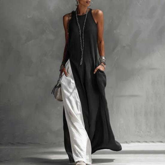 Damen Langes Fließendes Tanktop Seitenschlitz Rundhalsausschnitt Ärmellos Maxikleid Sommerlich Lässig Strand Sonnenkleid mit Taschen
