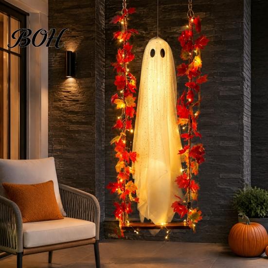 Fantasma di Tessuto Realistico Luminoso Appeso Oscillante Decorazione di Halloween con Telecomando, Grande Bianco Spettrale Ornamento Decorazione Giardino Esterno Foglie d'Acero