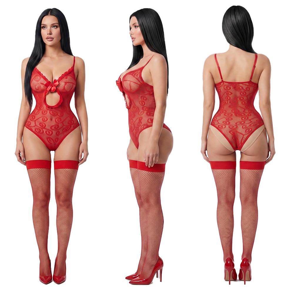 Christmas new lingerie suspender hollow perspective temptation sexy red onesie Christmas uniform