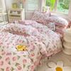 Pink Floral Duvet Cover Set 100% Cotton Korean Style Ruffled Quilt Cover with 2 Pillowcases Skin-friendly Queen Size Bedding Set