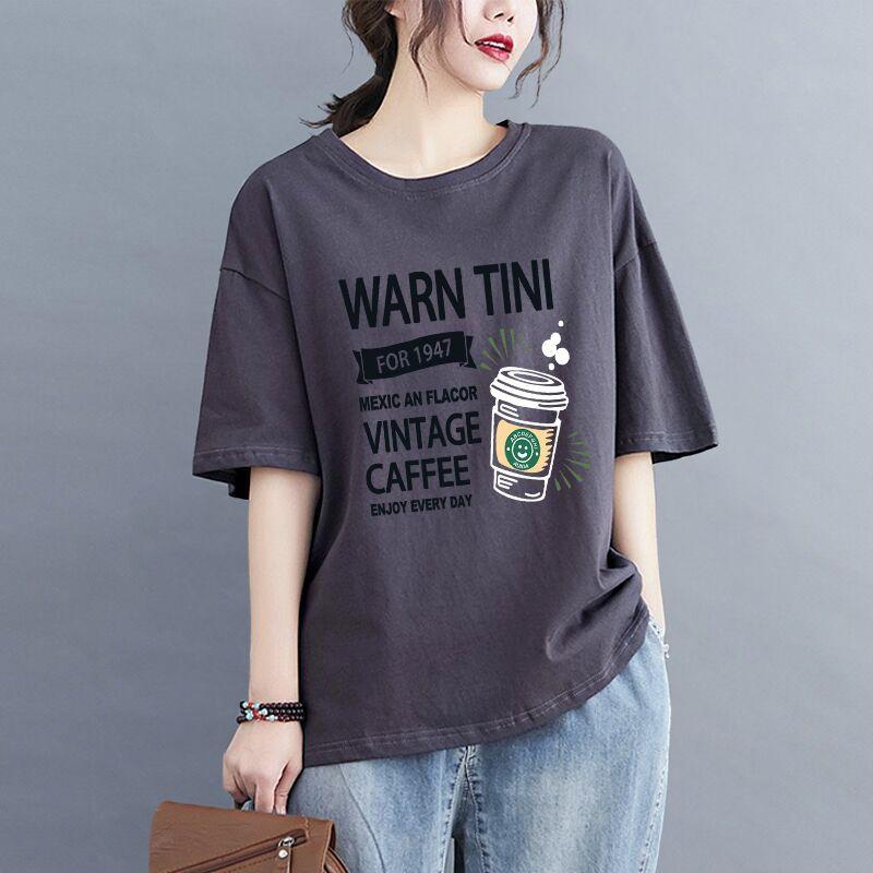 

Pure Cotton Short-Sleeved T-shirt for Women Western Style plus Size Fancy Loose All-Matching Slimming Cotton Sports Style Gray Tops Fat Girl Dark gray coffee 3XL
