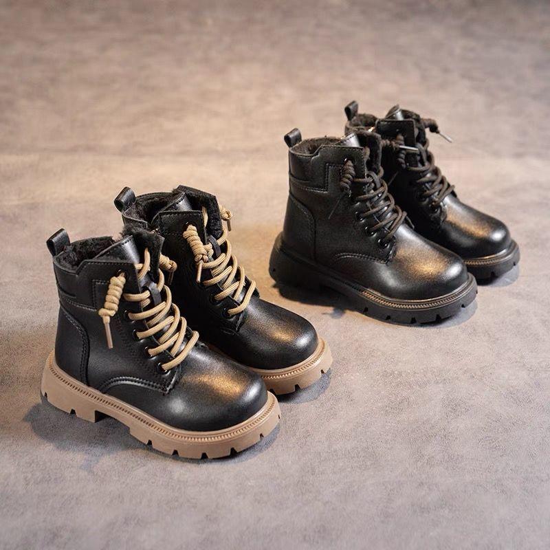 Bambini 1Stivali in pelle nera per ragazze Stivali singoli per ragazze Stivali corti per ragazzi Stivali in velluto e cotone per autunno e inverno Tide