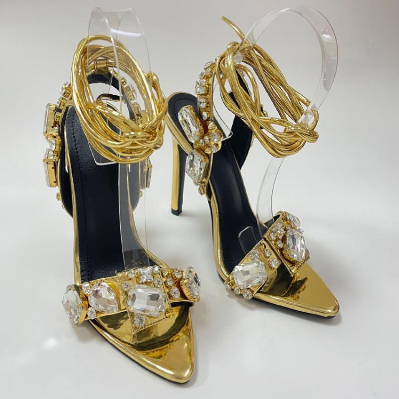 Eilyken Summer Stilettos Heels Rhinestones Sandals Women Pointed Toe Ankle Strap Crystal Wedding Ladies Shoes