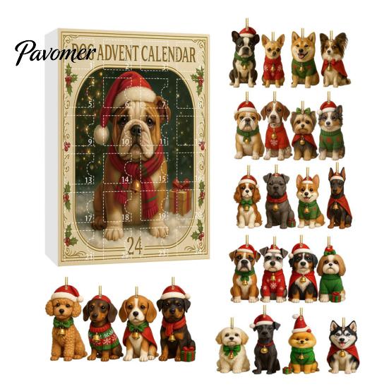 Gift Box for Boys Girls Dog Advent Calendar, 2D Acrylic Breeds Ornaments, 24-Days Christmas Party Favors Enthusiasts Countdown Calendar with 24 Puppy