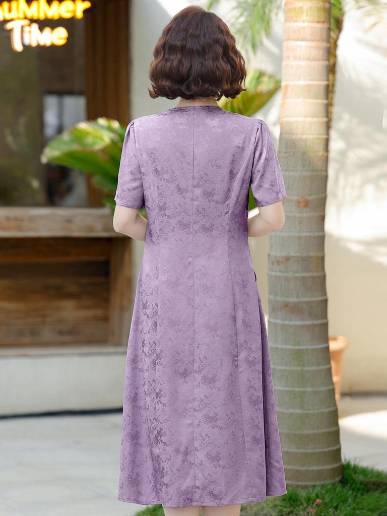New Summer Jacquard Mid-Length Dress, Short Sleeve, Chinese Style, for Young and Middle-Aged Women
