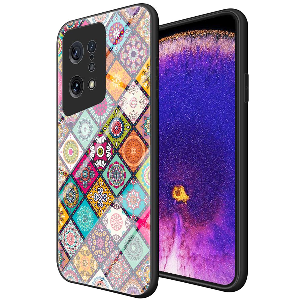 

For Oppo Find X5 Scratch-resistant Kickstand Flower Pattern Design Hard Tempered Glass+PC Back+Soft TPU Frame Phone Shell Case Checkered Pattern