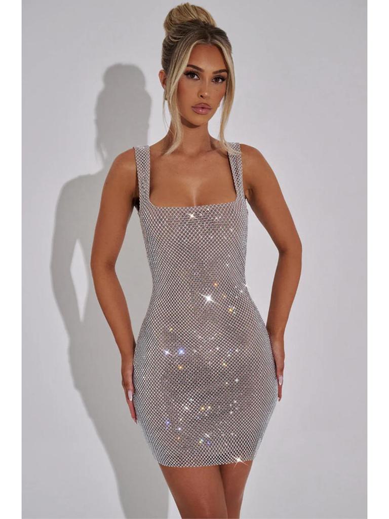 Women's Winter 2024 Rhinestone Backless Dress with Spaghetti Straps - Solid Color, Sexy & Sleeveless, Waist-Hugging Design