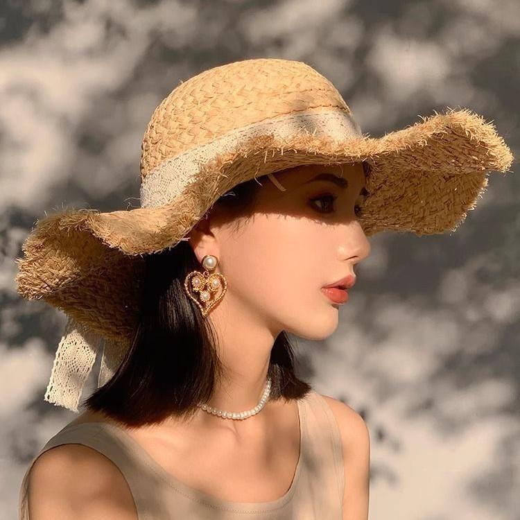 Lafite Straw Hat Women's Spring and Summer Big Brim Sunshade Sun Protection Hat Seaside Vacation Woven Hat Wavy Beach Hat
