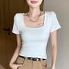 Square Neck Slim Fit Short Sleeve White T-Shirt for Women - Spring/Summer New Style