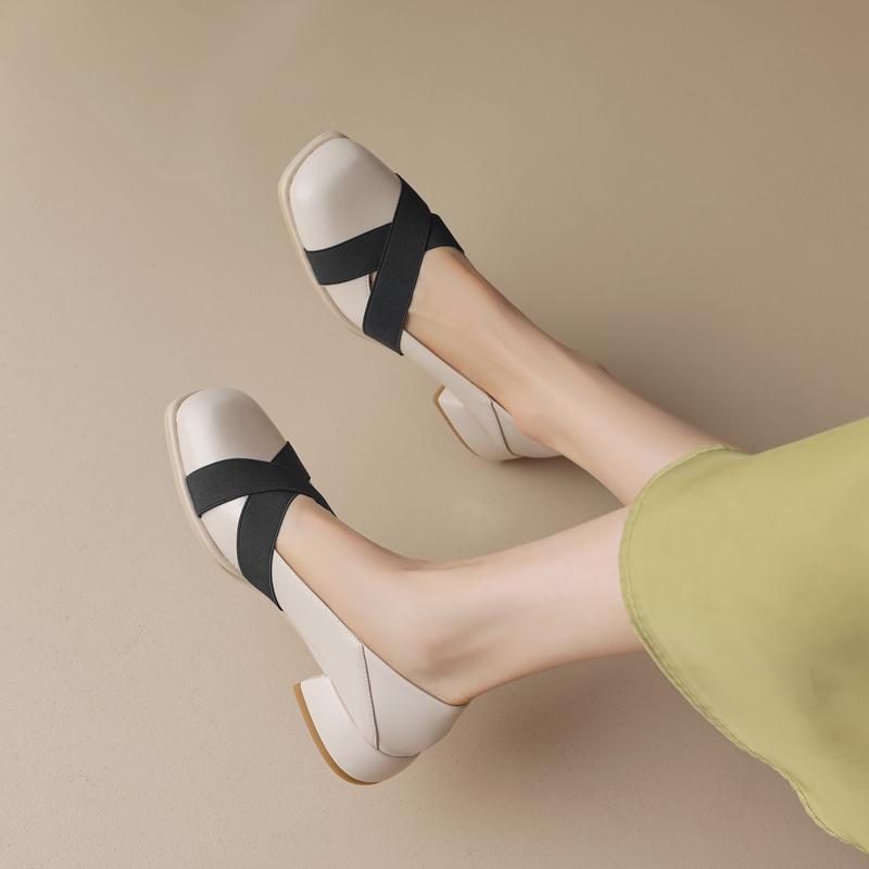 Fashion Women's New Spring and Autumn Square Head Cross Elastic Strap Comfortable Mid Heel Large Casual Single Shoe