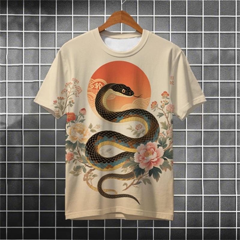 Cartoon Snake Pattern T Shirts For Men Summer Fashion Streetwear 3D Printed Ukiyo-e T-shirts Cool Oversized Crew Neck Tees Tops