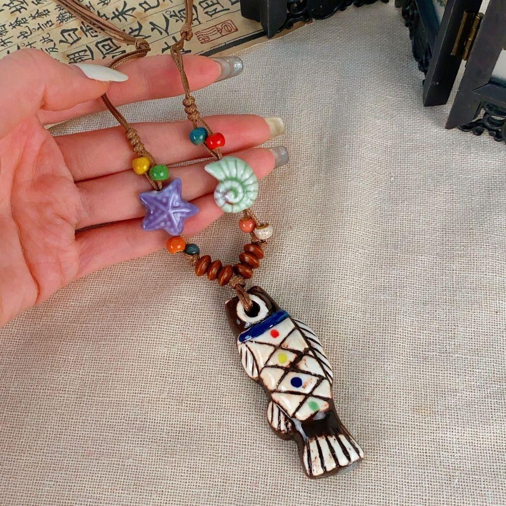 Vintage Ceramic Fish Necklace Wood Long Sweater Chain Exquisite Bohemian Style Choker  Lady