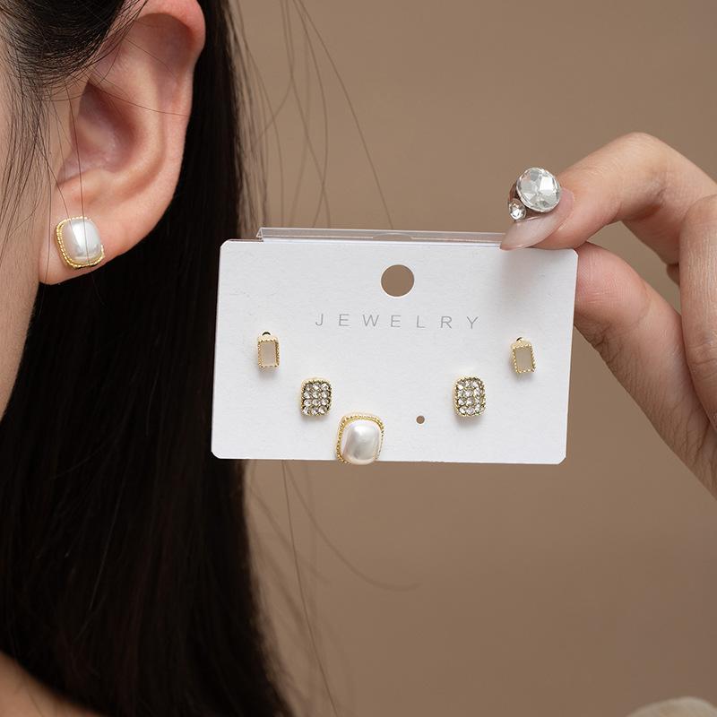 Simple And Exquisite Square Diamond-Set Pearl Stud Earrings, Colorful Opal Earrings Set, Daily Fashion Versatile Earrings For Women