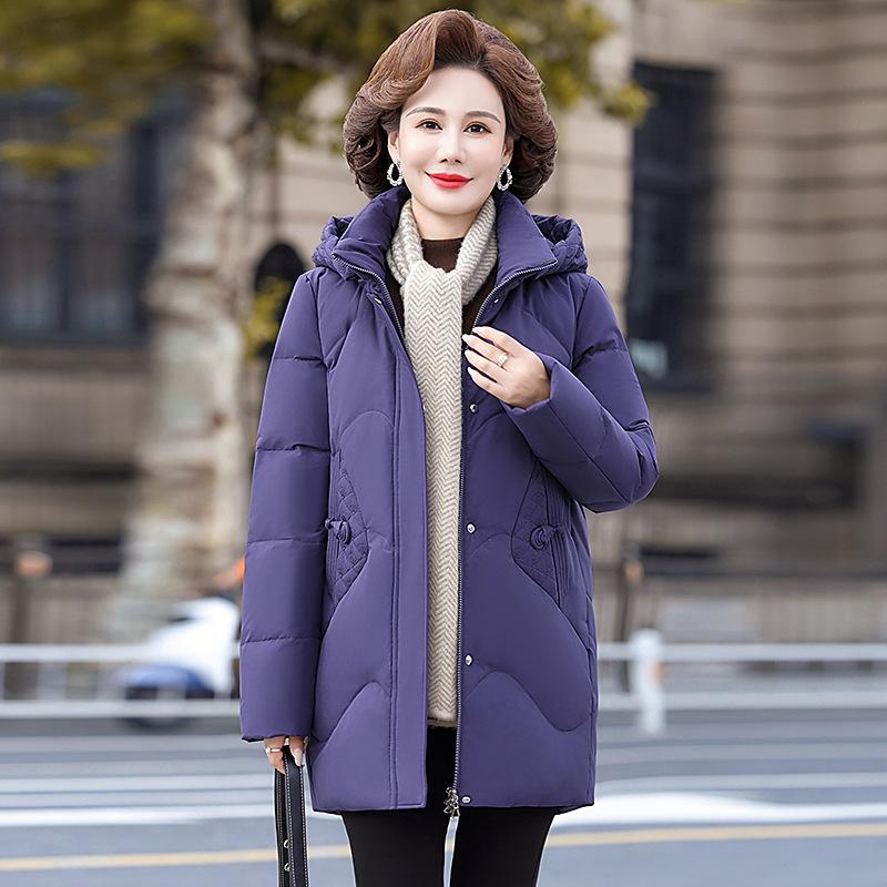 Counter Middle-aged and Elderly Down Jacket Women's Medium and Long Winter New Thickened Warm Hooded White Duck Down Mother Coat