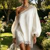 Women Off One Shoulder Loose Mini Dress, Batwing Long Sleeve Lace Trim Club Party Cocktail Dress, Summer Vacation Wedding Guest Dress