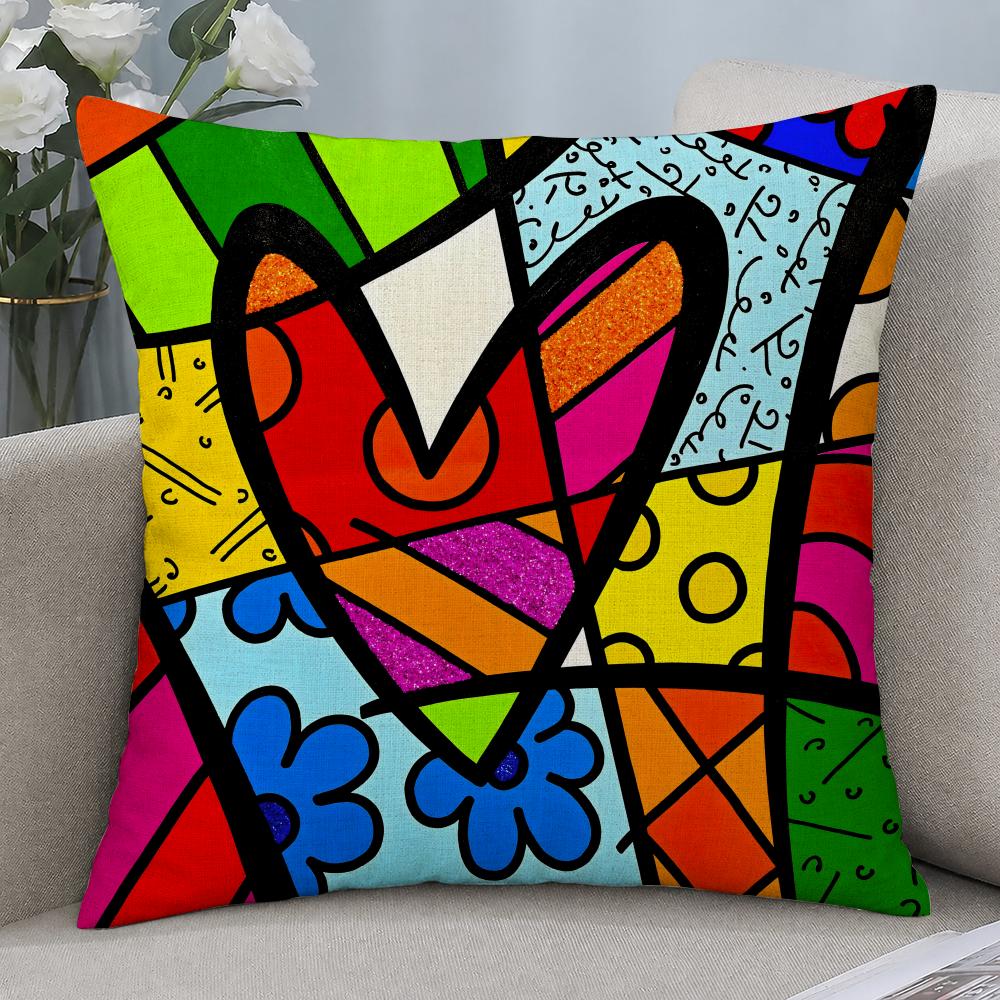 Artist Britto ES Happy Art Cushion Cover Cushion Covers Natural Linen Breathable Sofa Bedroom Decor Pillowcase