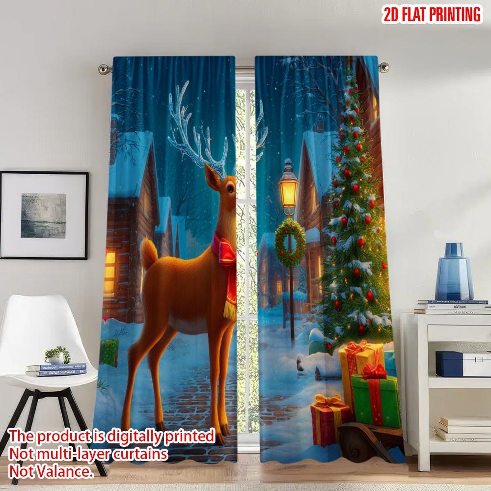 

2pcs 2D flat printing Fashionable Christmas Curtains Christmas Reindeer Gifts Sleigh Digital Printed Polyester Drapes Holiday 100*130 Grommet Top 1pcs