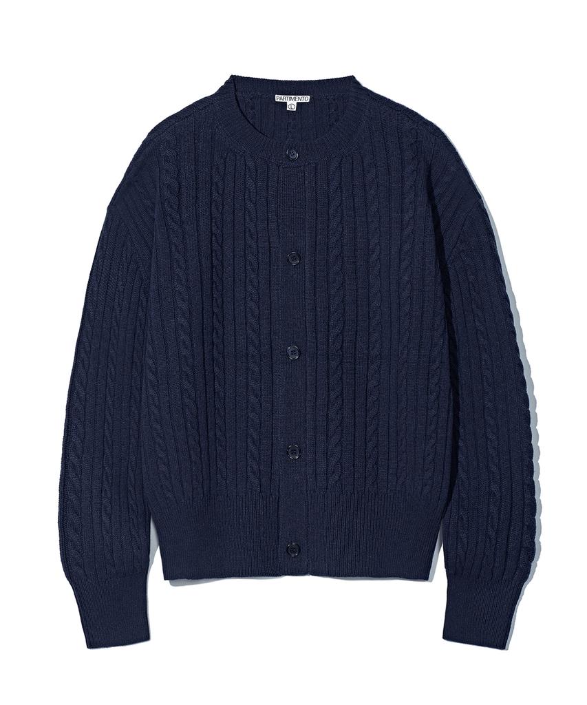 Partimento Crop Cable Wool Knit Round Cardigan Navy