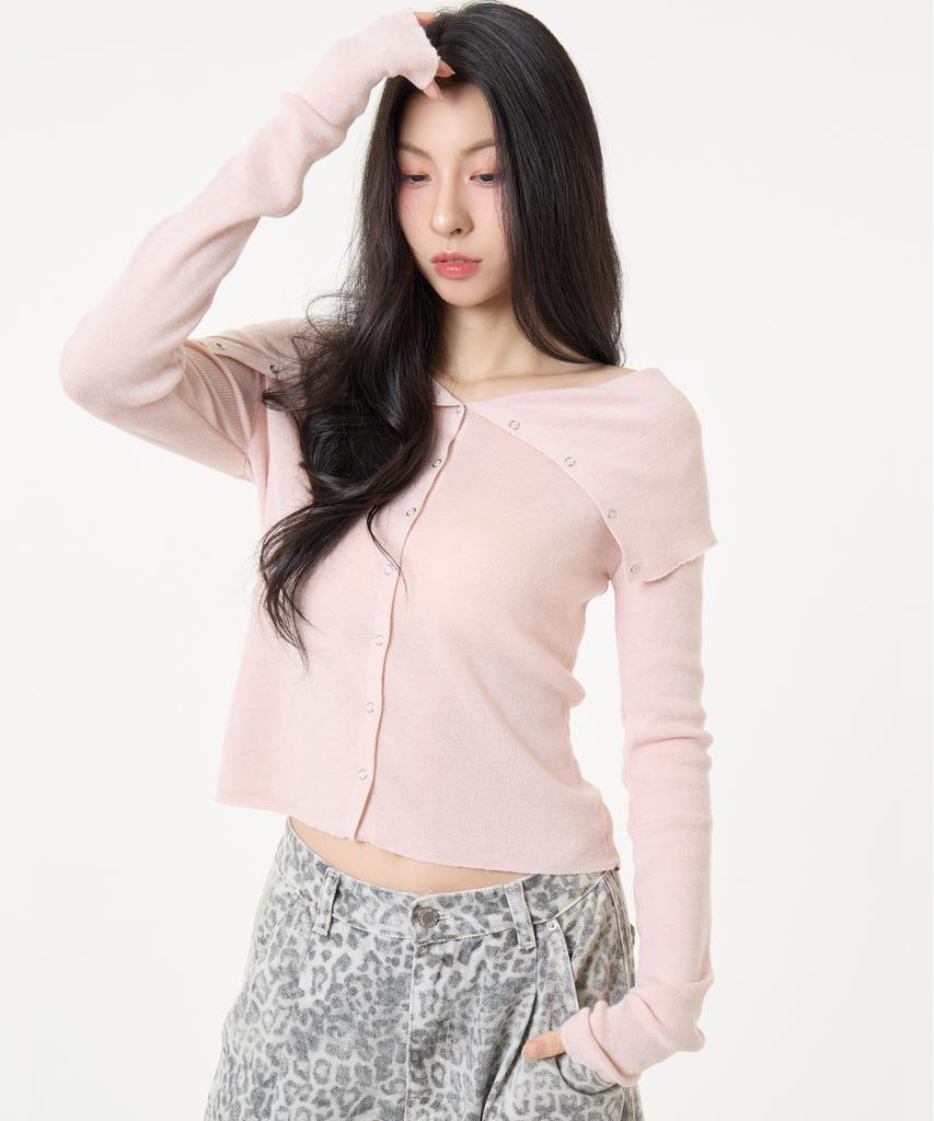 UNKNOWN PLANET Ring Snap Off-Shoulder Long Sleeve Knit Top Pink