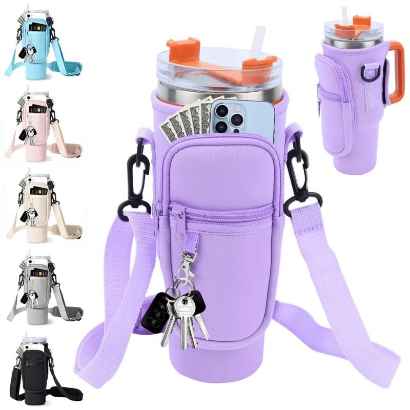 1PC Water Bottle Carrier Bag With Phone Pocket,Suitable For 40/30 Oz Tumbler With Handle With Adjustable Strap Bollus Hiking Travelling Camping