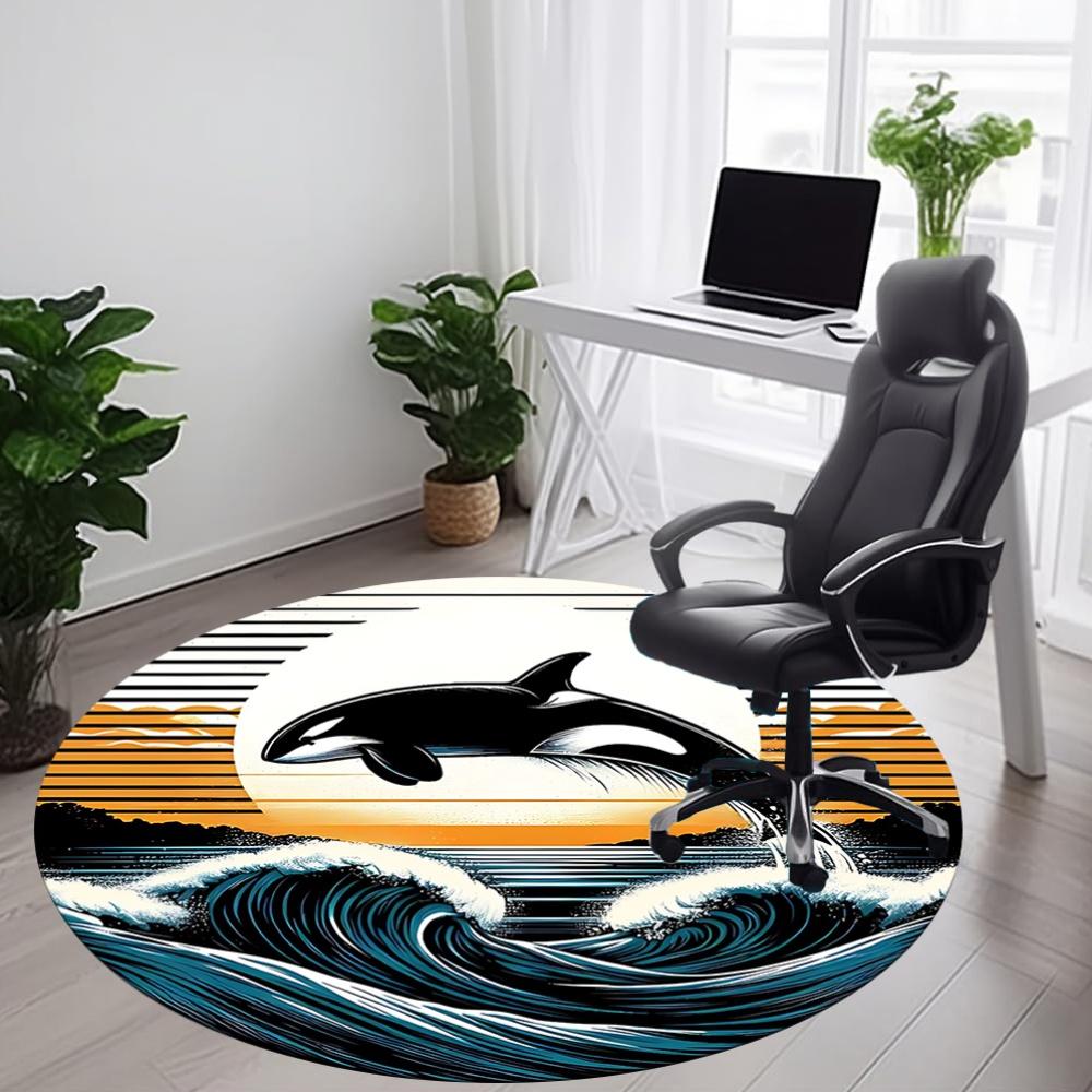 1pc Whale Waves Office Round Area Rug, Indoor Mat Suitable For Office, Under Office Chairs Bedroom Living Room Home Decor, Room Deco