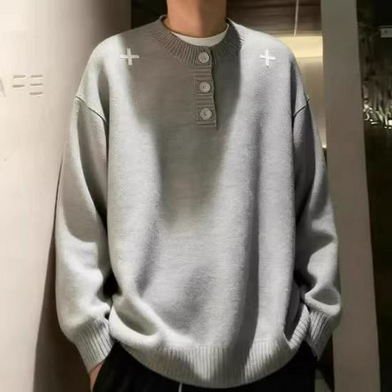 Men's Black Embroidered Henley Sweater - Cozy, High-End Knitwear for Autumn/Winter, Perfect Solo or as a Layer