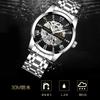 Tevise Men's Skeleton Watch Silver Stainless Steel Waterproof Automatic Luminescent Diamond Roman Numerals Dial Watch Gold Blue