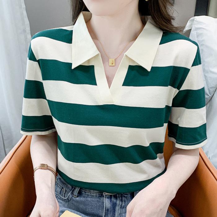 

Женская полосатая футболка с длинным рукавом, из чистого хлопка, новая тонкая модель весна-осень 2025, с воротником поло, базовая, с темпераментным топом M зелёный