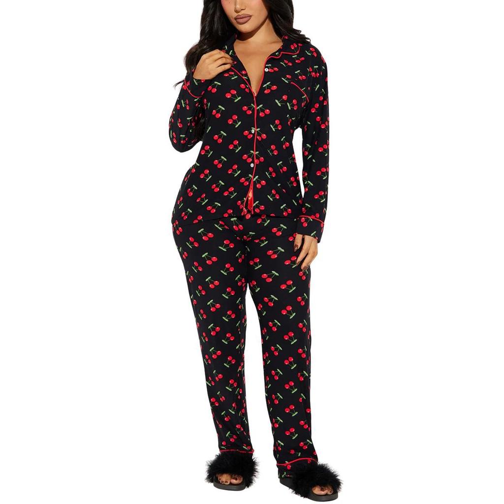 Un Set da Casa a Due Pezzi per Donna Autunnale e Invernale con Revers con Stampa Ciliegie, Camicie a Maniche Lunghe e Pantaloni Lunghi