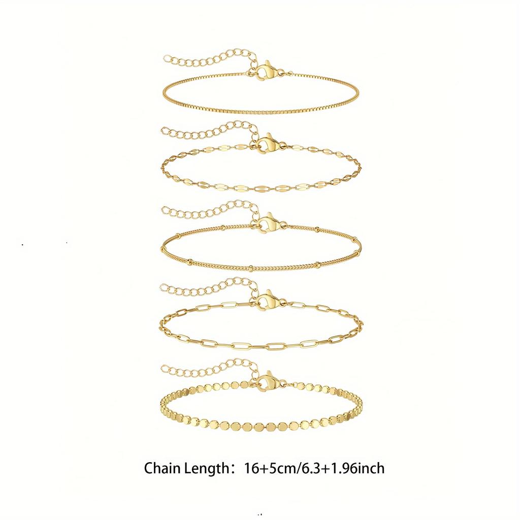 5-piece women's gold bracelet set. Features a simple geometric design with a metal Figaro chain, suitable for everyday wear, par