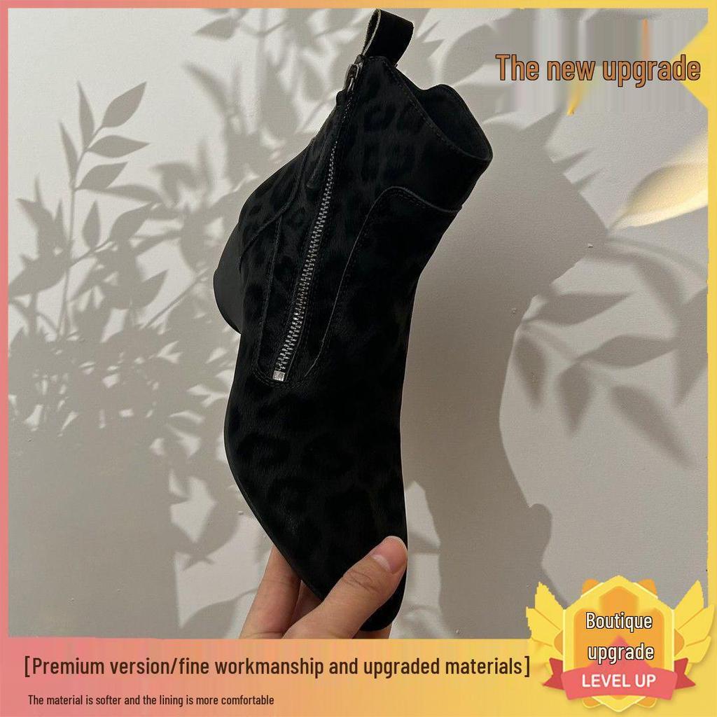 Genuine Leather French Retro Ankle Boots for Women - 2025 Autumn/Winter, Pointed Toe Wedge Heel, Soft Leopard Print Sole.