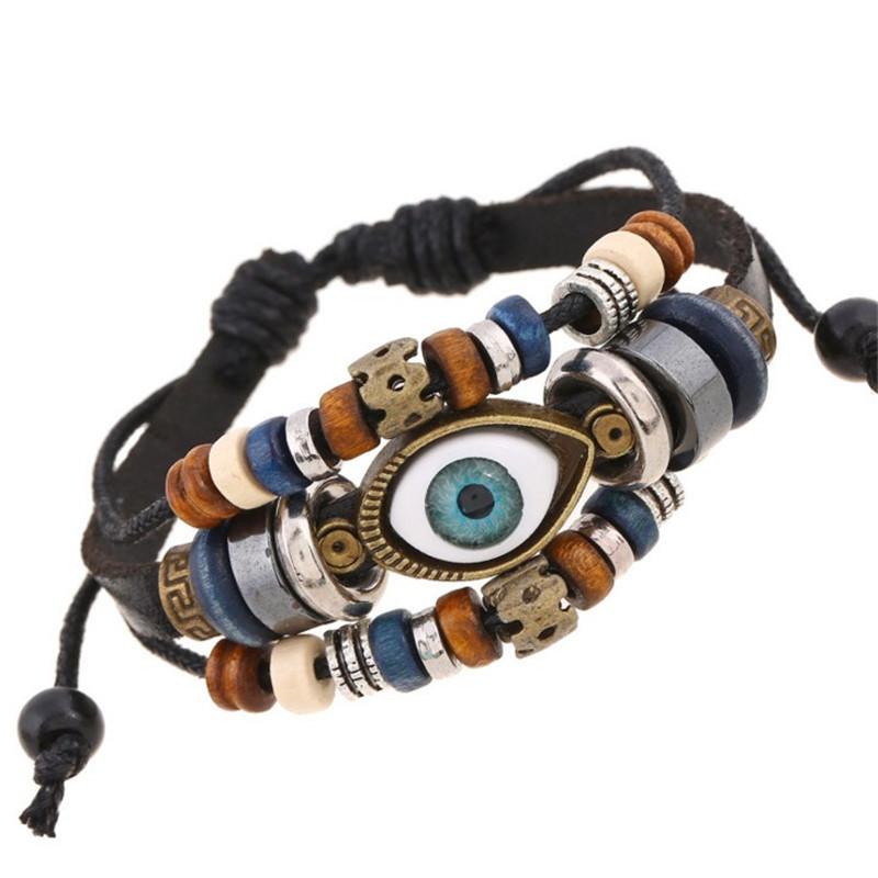 Vintage Beaded Eye Bracelets Multi-Layer Leather Rope Adjustable Bracelet Unisex Jewelry Accessries Gifts
