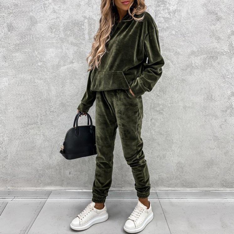 Female Autumn and Winter Solid Color Sports Suits Hooded Sweatshirt+ Pants Two-piece Set