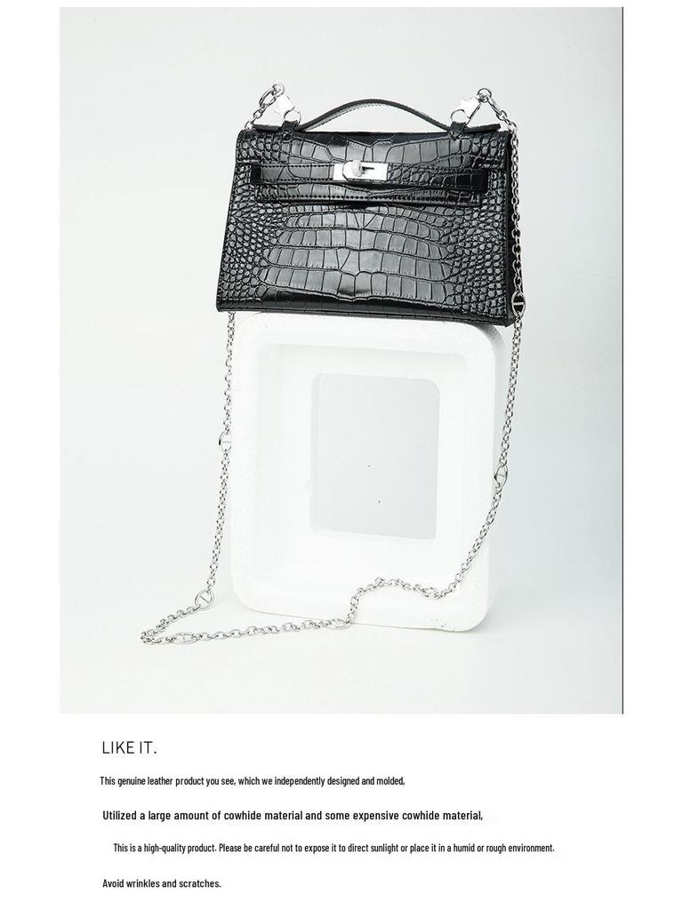 2025 Women's Genuine Leather Mini Handheld Bag - Crocodile Pattern Chain Shoulder Kelly Bag
