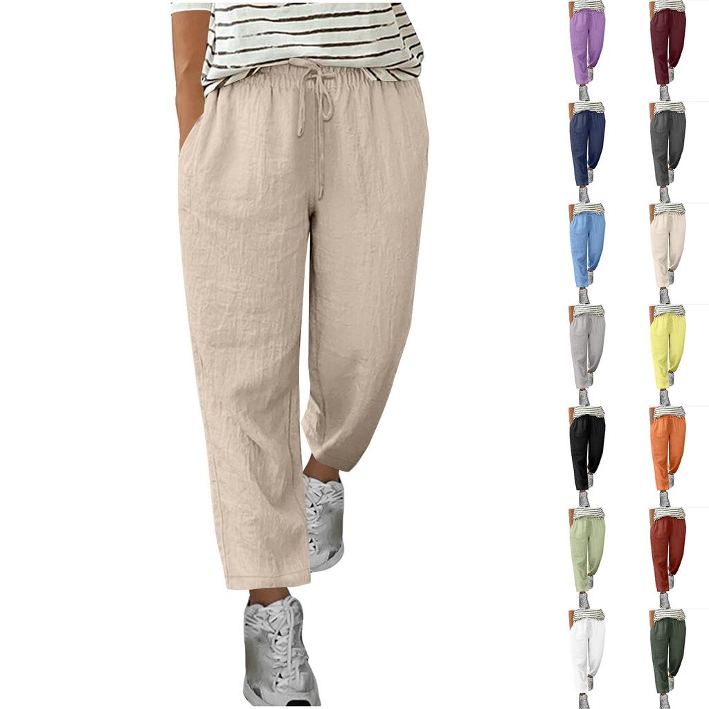 Dámské jednobarevné bavlněné a lněné kalhoty s kapsami a elastickým pasem, volnočasové kalhoty