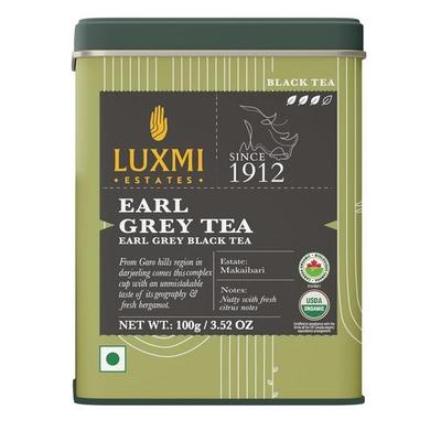LUXMI Estates Garo Hills Organic Earl Grey Black Tea Tin Pack | Usda Organic - Earl Grey Tea | 100% Natural Bergamot Extracts | 50 Cups - 100Gm