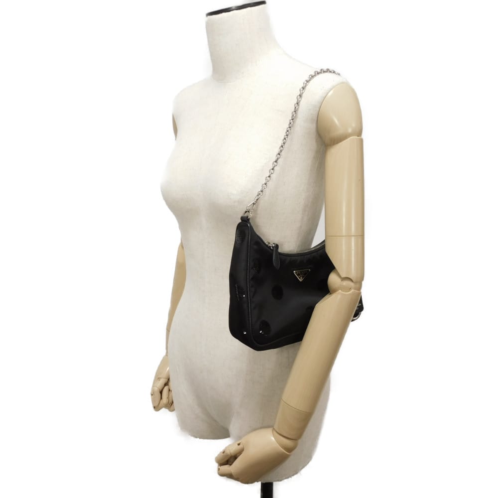 Used 11569 Re-Edition 2005 Re-Nylon Polka Dot Bag 1BH204 7921 Sequin Chain Triangle Logo Black Women's from Japan