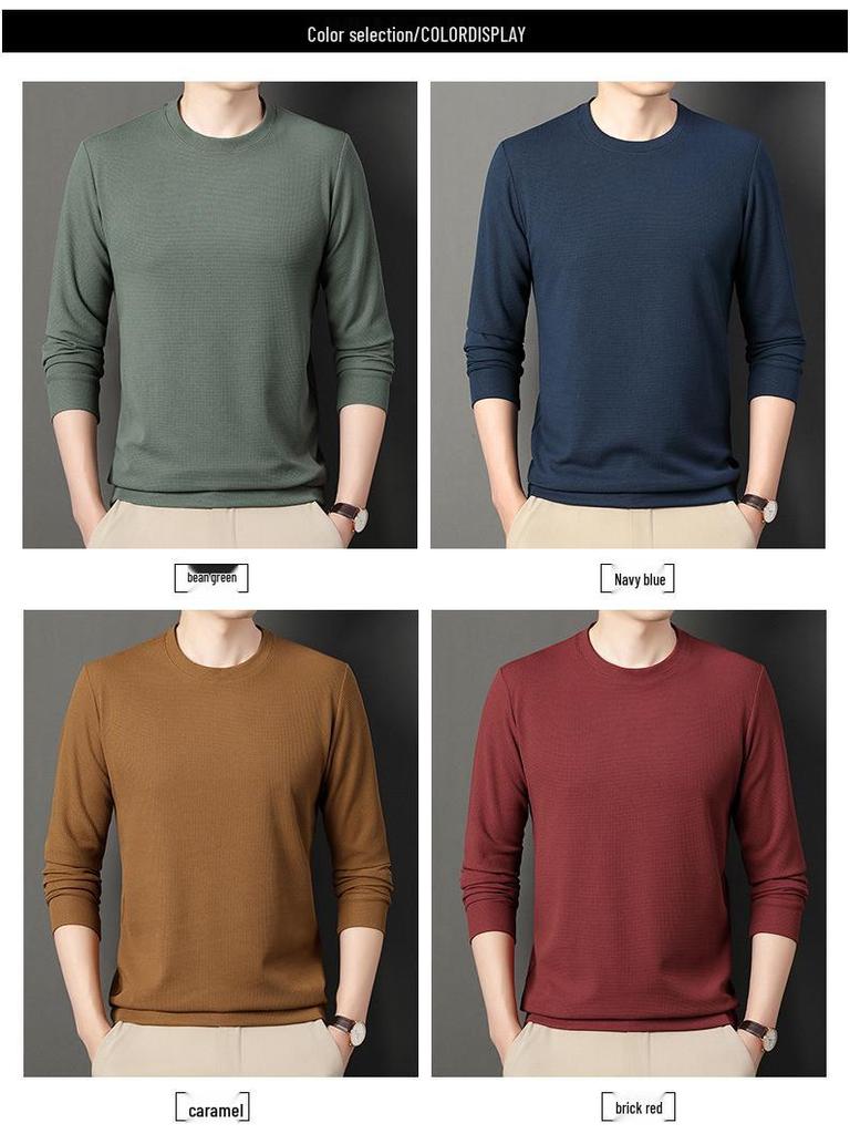 Men's Waffle Knit Long-Sleeve Hoodie - Solid Color Versatile Round Neck T-Shirt for Spring and Autumn