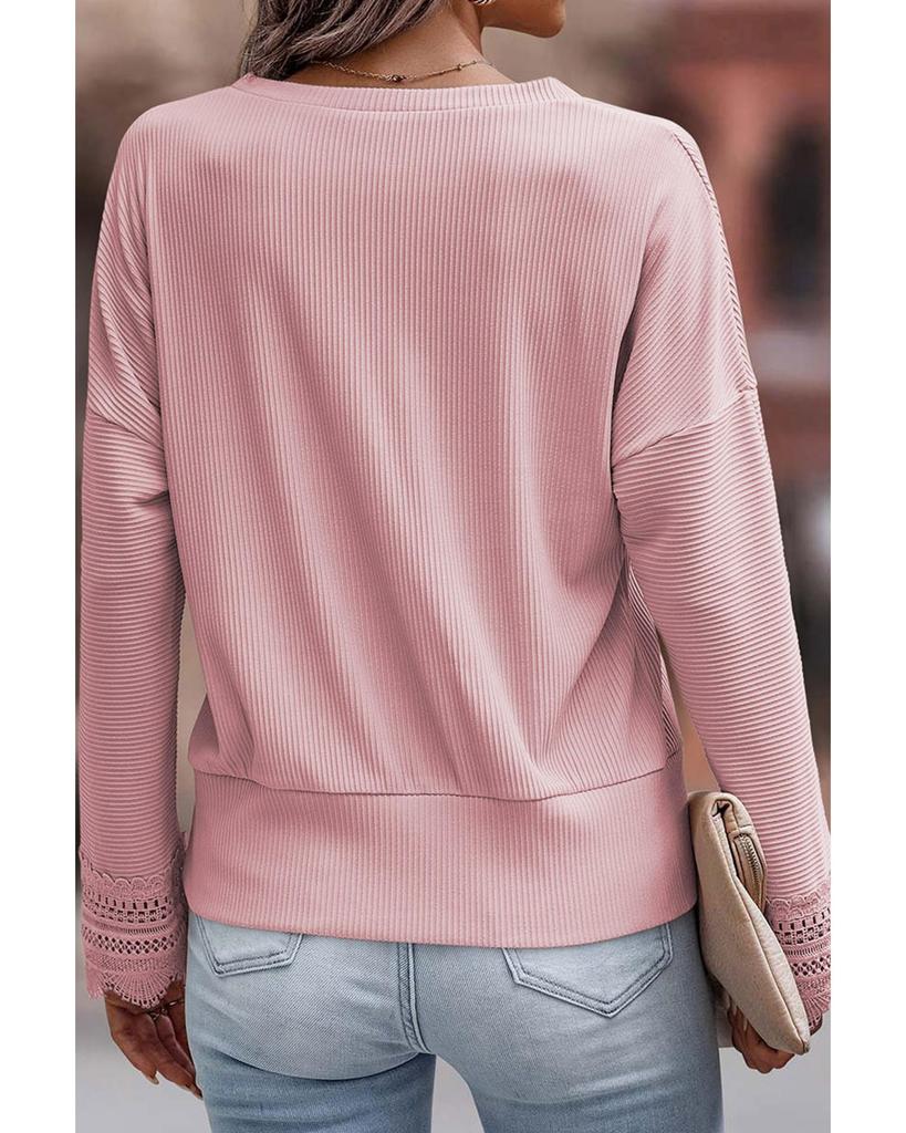 Azura Exchange Ribbed Texture Lace Trim V Neck Long Sleeve Top