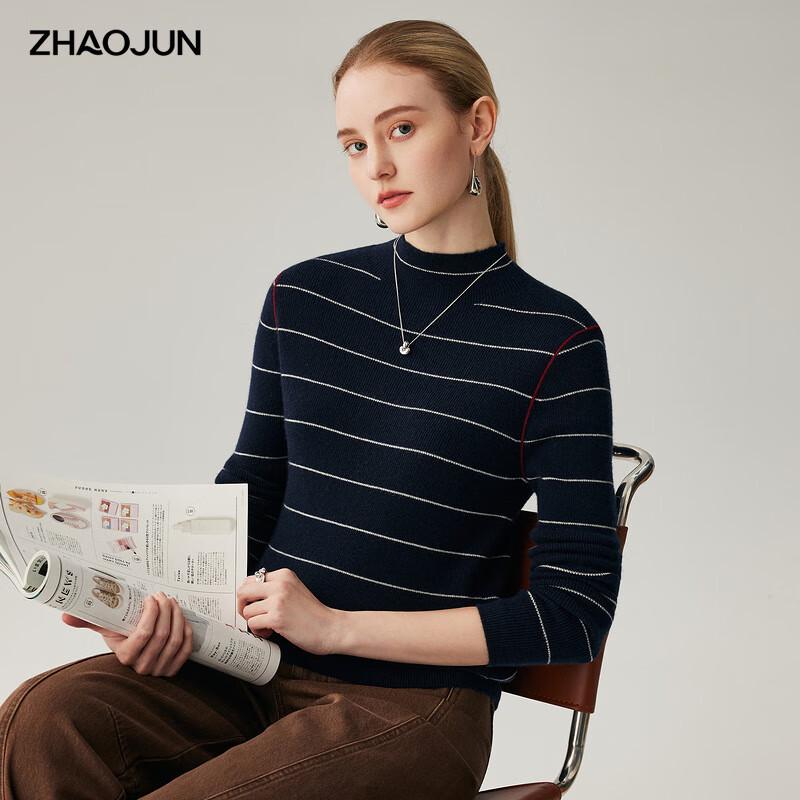 

Zhaojun Women s 100% Cashmere Semi-High Collar Striped Sweater L